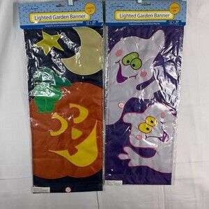 Lifes A Breeze Welcome Ghost & Smiling Jack A Lantern Lighted Garden Banners New